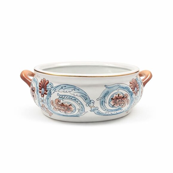 Other - Jardiniere Planter Pot Hand Painted Handled Ceramaic Teal Brown Home Decor Decor